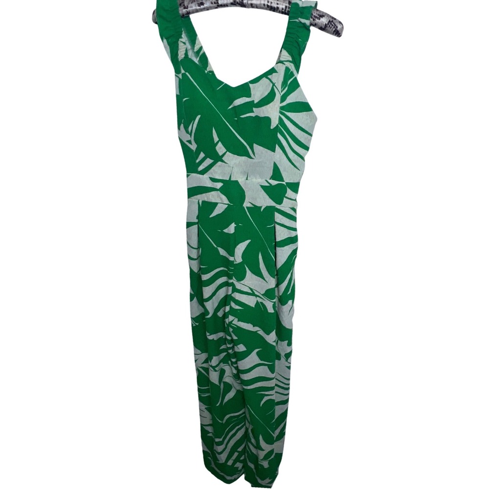 Green Cream Leaf Print Wide Leg Jumpsuit Women's Sleeveless Smocked Waist 16
PTP